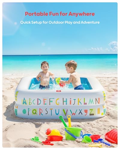 QPAU Kiddie Pool – 65" x 39" Inflatable Pool for Kids & Toddlers, Ball Pit & Baby Pool with Soft Floor, Educational Alphabet & Number, Durable Outdoor Play Toys for Backyard & Indoor Fun (Blue)