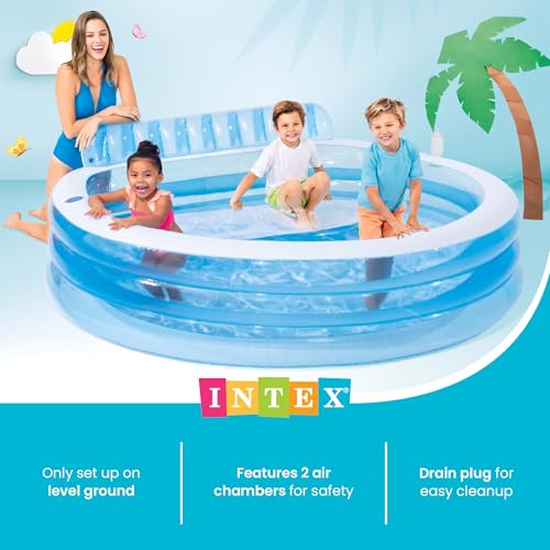 INTEX Swim Center Inflatable Family Lounge Pool: Built-In Bench – Cup Holder – 156 Gallon Capacity – 90" x 86" x 31" – Blue
