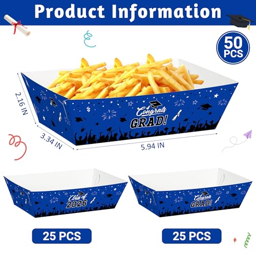 50 Pcs Graduation Decorations 2026, 2 Styles Graduation Food Trays Blue Serving Trays, Congrats Grad Class of 2026 Disposable Paper Plates Easy to Assemble Grad Table Decor Hot Dog for Party Supplies