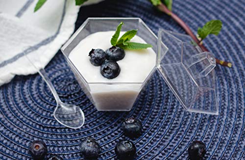 Oasis Creations Hexagonal Mini Bowl-Lids & Spoons Included- 3.3 ounce -40 Count -Clear Plastic - Six Sided - Flower Cup-Dessert Cup- Serving -Snack Bowl-Disposable or Reusable