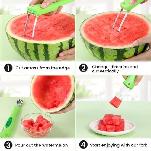 OLESBUR Premium Watermelon Cutter - 3 in 1 Watermelon Cutter Slicer Tool - Foldable Watermelon Slicer - Fruit Cutter for Kitchen Gadgets - Stainless Steel Watermelon Knife - Melon Baller Scoop