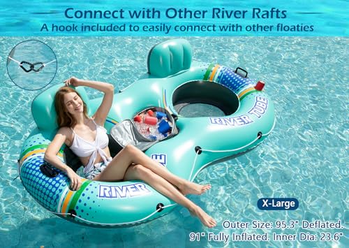Jasonwell Heavy Duty 2 Person Inflatable River/Pool Tube Float with Removable Cooler, Tubes for Lake, Floating River Raft Lounge Floatie with 2 cup Holders For Adults, Cyan