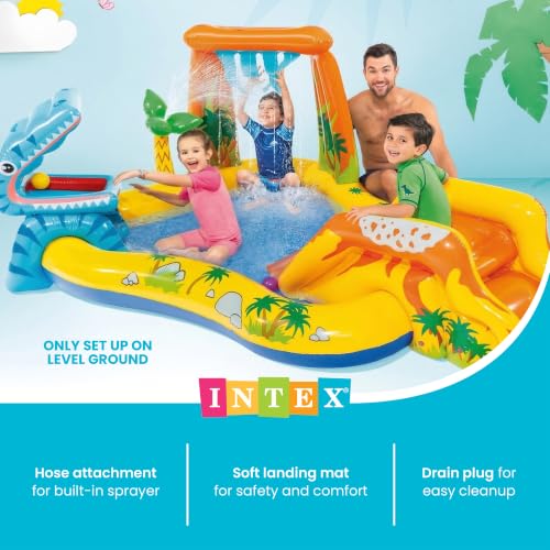 Intex Inflatable Dinosaur Play Center Outdoor Playhouse Inflatable Water Park with Kid Pool Slide, Water Sprayer, Waterfall, and 6 Balls, Multicolor