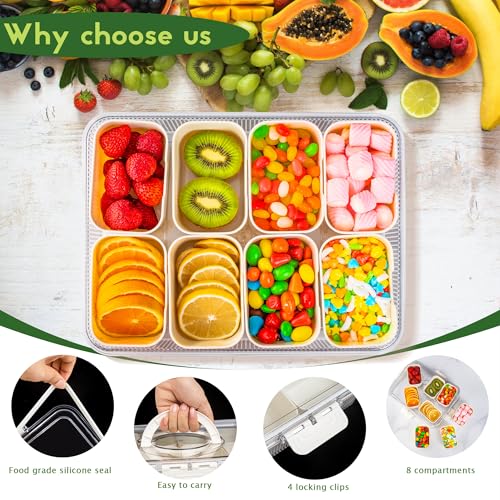 Patent Design Ribbed Snackle Box Container Snack Container Divided Serving Tray with Lid and Handle, 8 Divider Portable Snacklebox for Travel Beach for Charcuterie Veggie Fruit Candy,1 Pack