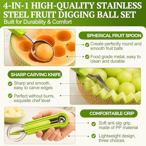 Suuker 4 in 1 Melon Baller Scoop Set, Stainless Steel Fruit Cutters Shapes, Watermelon Scooper and Baller, Fruit Carving Tools (Green)