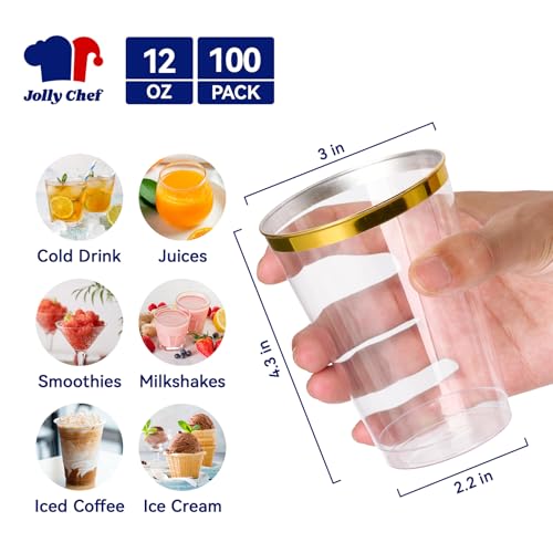 JOLLY CHEF 100 Pack Gold Plastic Disposable Cups, 12 oz Clear Plastic Cups Tumblers, Elegant Gold Rimmed Disposable Glasses for Wedding, Thanksgiving Day, Christmas