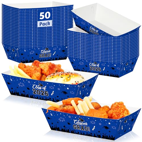 50 Pcs Graduation Decorations 2026, 2 Styles Graduation Food Trays Blue Serving Trays, Congrats Grad Class of 2026 Disposable Paper Plates Easy to Assemble Grad Table Decor Hot Dog for Party Supplies