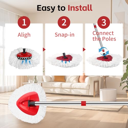 ANREKEYH Spin Mop Head, Base, Handle Replacement for O-Ceda EasyWring Microfiber Spin Mops, 2 Microfiber Mop Refills, 1 Triangle Head Cover and 30-58in Handle Set Combo (White(1 Tank System))