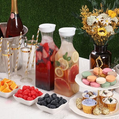 NETANY Plastic 50 Oz Water Carafe with Flip Top Lid, Set of 2 Square Base Juice Containers, Clear Plastic Pitcher - for Water, Iced Tea, Juice, Beverage, Cold Brew and Mimosa Bar - HAND WASH ONLY
