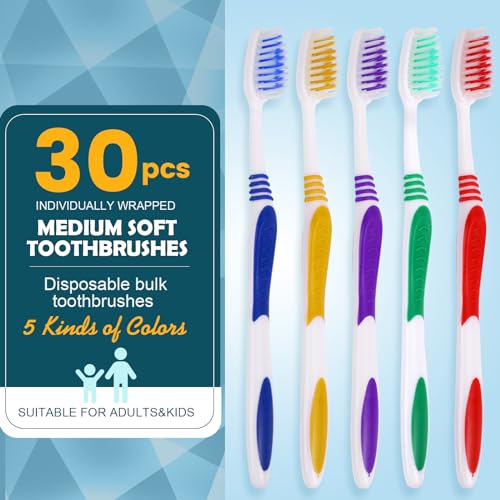 Navona 30 PCS Premium Individually Wrapped Bulk Toothbrush Pack, Disposable Toothbrushes, Kids Toothbrush, Medium Soft Bristle Toothbrushes, Ergonomics Handle, Perfect for Travel Hotel Donation