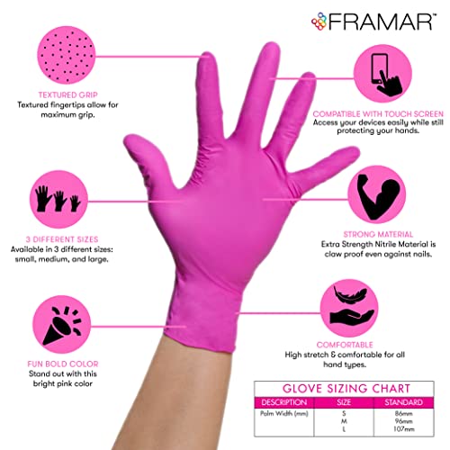 FRAMAR Pink Gloves Disposable Latex Free – Pink Nitrile Gloves Medium, Latex Free Glove Medium, Guantes De Nitrilo, For Hair Dye, Salon, Cleaning, Tattoo, Food Prep, Powder Free – 100 Pack