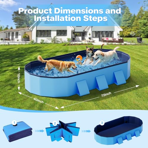 Raxurt Foldable Dog Pool, 72'' Large Dog Pool for Large Dogs with Reinforced Sidewalls for Stability, Portable Pet Bath Tub for Indoor Outdoor Backyard Use
