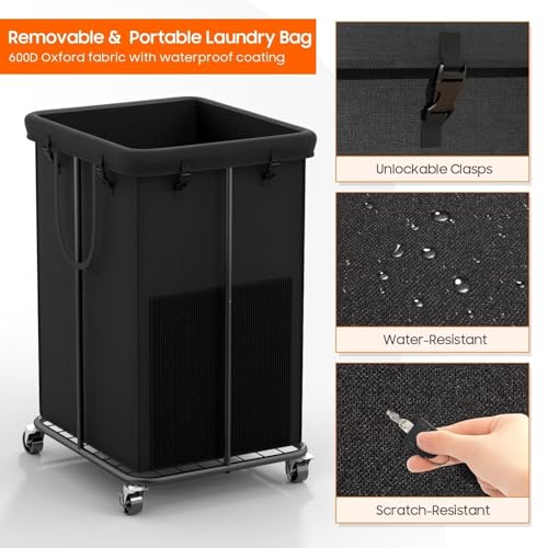 150L Laundry Hamper with Wheels, Rolling Laundry Basket with Metal Frame and Removable Bag, Large & Tall Dirty Clothes Hampers for Bedroom Aesthetic, Laundry Room, Bathroom, Dorm-Black