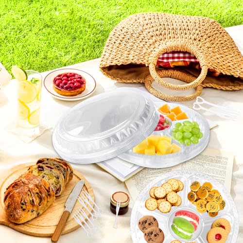 12 Pack Plastic Appetizer Trays with Lids,6 Compartment Serving Platters Tray with 100 Pcs Forks,Disposable 10 Inch Clear Round Fruit Storage Container for Snack,Food,Vegetable,Party Buffet Favors