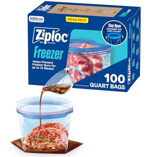 Ziploc Quart Food Storage Freezer Bags, Stand-Up Bottom, Easy to Fill, 100 Count