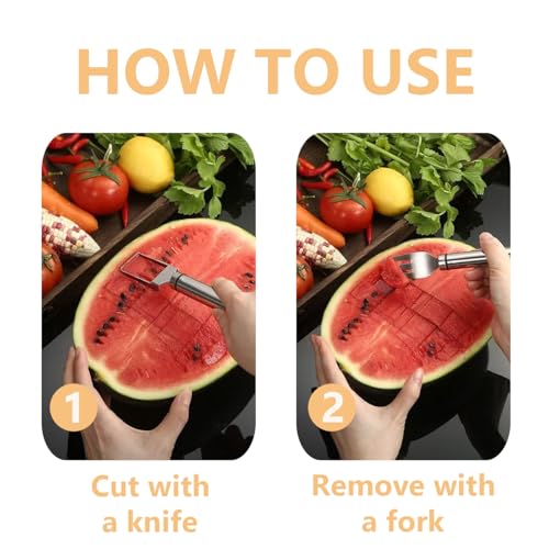 2-In-1 Stainless Steel Fruit Cutter Watermelon Fork Slicer Cutting Tool, Watermelon Fork Cutter for Home Party Camping Kitchen Gadget (1 Pcs)