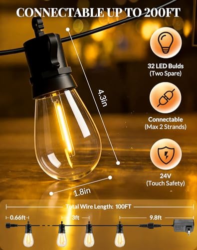 Outdoor String Lights Patio Light - 100Ft Outside Waterproof Dimmable Bulbs