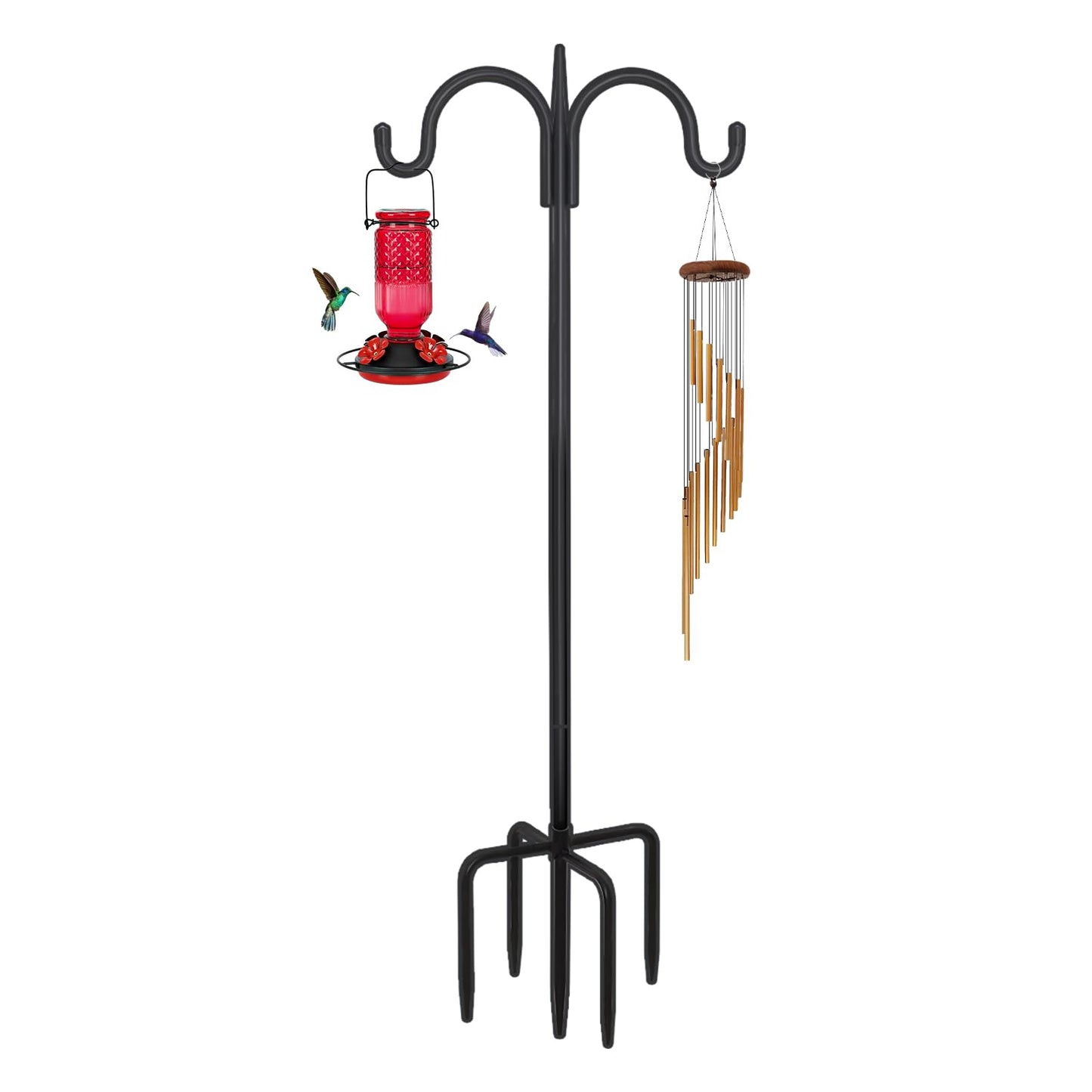FEED GARDEN Heavy Duty Shepherds Hook 76" Double Hooks Adjustable (44/60/76") - Alloy Steel 5-Prong Base, 17lb Capacity - Easy Assembly Bird Feeder Pole for Hanging Planters, Lanterns, Wind Chimes