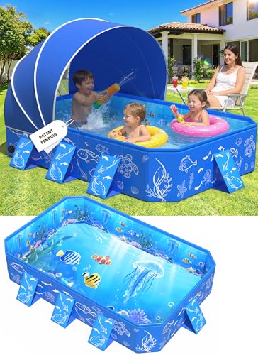 2026 Kiddie Pool with Canopy,Baby Swimming Pool for Toddler,Non-Inflatable Portable Pool for Kids,Foldable Toddler Pool with Shade,Kiddie Pool for Backyard,Pop Up Baby Beach Pool 53''×40''×33''