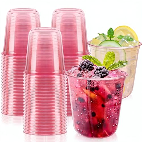 GGOLDMER 50 PCS Pink Plastic Cups - 12oz Disposable Stemless Wine Glasses, Clear Pink Cocktail Party Cups for Valentine's Day, Baby Shower, Wedding, Birthday Party
