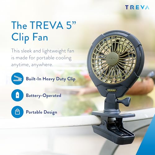 Treva 5 Inch Battery Powered Clip Slim and Portable Cooling Fan with Clamp for Travel, Outdoor,Camping, Car, Office Desk, Baby Stroller - Multi-Directional Rotating and Adjustable Head, Khaki (FC05005)