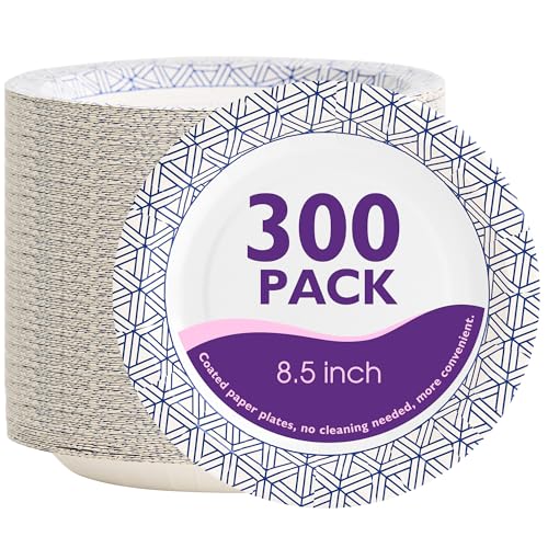 Disposable Paper Plates 8.5 Inch 300 Count, Soak Proof and Cut Resistant Heavy Duty Paper Plates Bulk for Parties, Picnics, Camping, and Everyday Meals