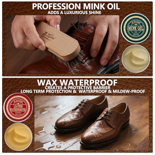 10 PCS Leather Care Kit - Horsehair Brushes,Saddle Soap,Waterproofing Wax,Mink Oil Conditioner,Polishing Cloth,Microfiber cloth,Boot Shoe Shine Cleaning Kit Gift for Men Cowboy Husband Dad