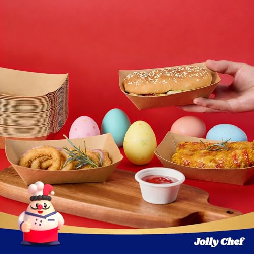 JOLLY CHEF 2lb Paper Food Trays, 100 Pack Disposable Paper Boat, Serving Boats, Food Holder Trays for Snacks French Fries Nachos Hot Dog Tacos BBQ Party