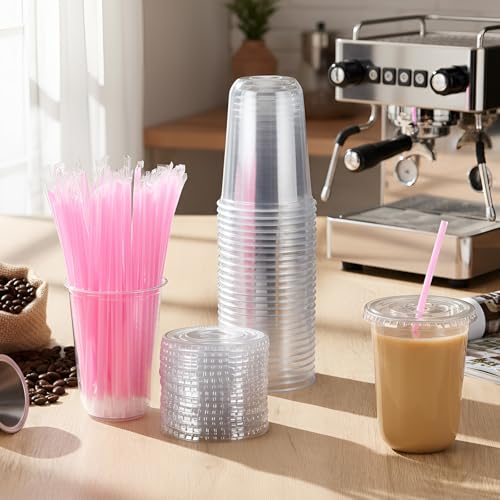 Ziliny 50 Pack 16 oz Clear Plastic Cups with Lids and Straws Disposable Iced Coffee Cups Round Bottom To carry Cup for Coffee Smoothie Cold Drinks Juice Milkshake Tea (Pink)