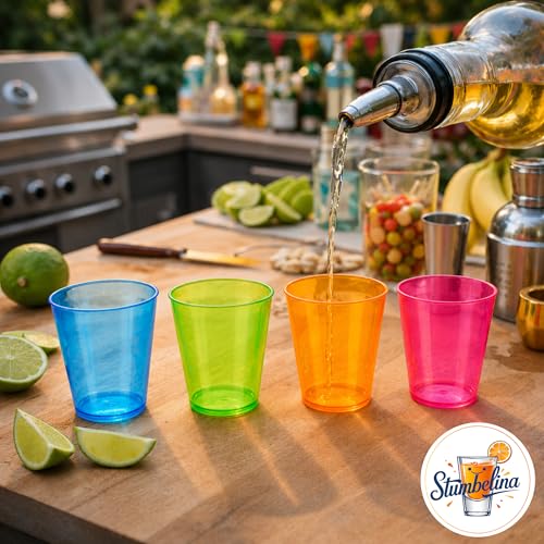 Stumbelina 100 COUNT (1 oz) NEON PLASTIC SHOT GLASS CUPS | BRIGHT MULTI-COLOR Variety Pack | Disposable Party Mini Cups | Perfect for Jello Shots, Dessert Shooters, Parties, Weddings, Bars
