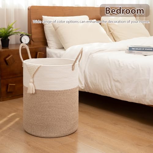 OIAHOMY Large Laundry Basket Hamper - 60L Cotton Rope Woven Basket for Blankets, Toys, Clothes - Tall Decorative Nursery Hamper with Long Handles, Brown/White