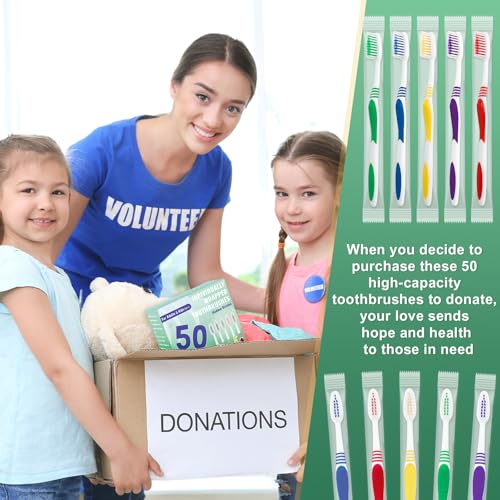 Comdian 50 Pcs Toothbrush Bulk Disposable, Travel Toothbrushes Pack, Soft Bristle Individually Wrapped and Good Cleaning for Kids, Adult and The Elderly. Suitable for Hotel, Travel, Home, Donated