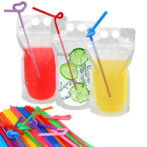 100 Pcs Drink Pouches with 100 Straw Holes, Freezable Juice Pouches, Translucent Reclosable Zipper Plastic Pouche Drink Bags for Cold & Hot Drinks for Adults and Kids