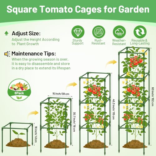 Legigo 6 Pack Square Tomato Cages- 60 Inch Heavy Duty Tomato Trellis for Climbing Plants Outdoor, Tomato Plant Support Stakes Cage Garden Trellis for Garden Raised Garden Bed Cucumbers Vegetables