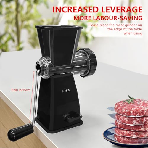 LHS Manual Meat Grinder with Stainless Steel Blades Heavy Duty Powerful Suction Base for Home Use Fast and Effortless for All Meats-Black