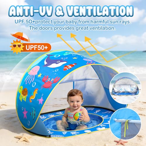 Baby Beach Tent with Pool, Pop Up Beach Tent UV Protection Sun Shelter for Infant Toddlers, Portable Shade Pool Tents Baby Beaches Essentials with Carry Bag for Outdoor, Travel, Camping
