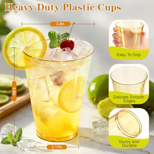 12 oz Clear Plastic Cups Disposable Gold Plastic Cocktail Glasses 50 Pack Drinking Disposable Wine Cups for Party Birthday Wedding Graduation
