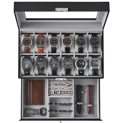 SONGMICS Watch Box, 12-Slot Watch Case Organizer with Large Glass Lid, 2 Layers, Removable Pillows, Metal Lock, Gift for Loved Ones, Black Synthetic Leather, Gray Lining UJWB012