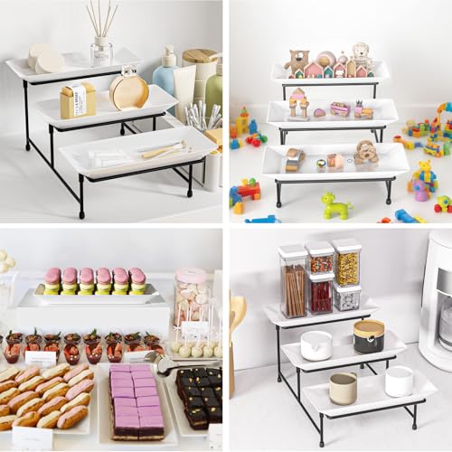 3 Tier Serving Tray for Party, 12.8"x7.5" BPA Free Food Grade Shatterproof Tiered Serving Platters with Steel Stand, Collapsible Dessert Display for Wedding, Graduation, BBQ, Holiday Events, Black