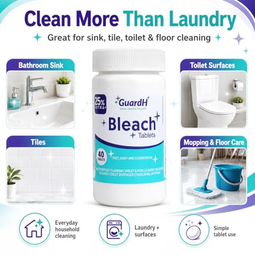 Bleach Tablets for Laundry & Household Cleaning – 40 Count Fast Dissolving Bleach Tabs for Washer, Toilet, Bathroom & Kitchen – Liquid Bleach Alternative – GuardH