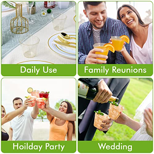 JOLLY CHEF 50 Pack 9 oz Glitter Plastic Cups, Disposable Gold Cups, Clear Plastic Tumblers for Weddings Thanksgiving, Christmas Parties