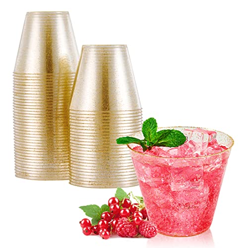 JOLLY CHEF 50 Pack 9 oz Glitter Plastic Cups, Disposable Gold Cups, Clear Plastic Tumblers for Weddings Thanksgiving, Christmas Parties