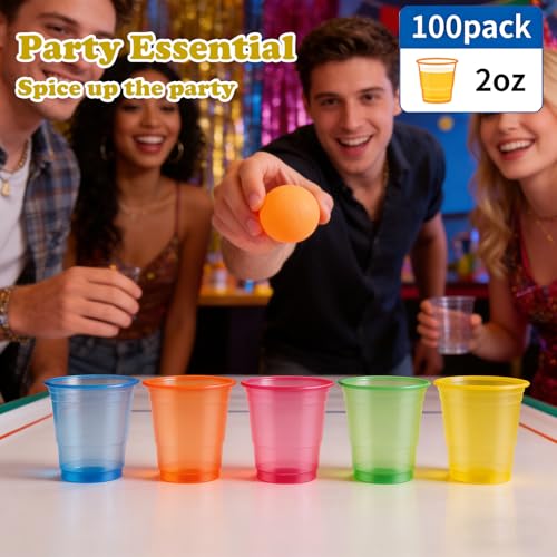 100 Pack 2 oz Clear Disposable Plastic Shot glasses, Mini Disposable Shot Cups for Winter Parties, Birthdays, Weddings, BBQs, Picnics & Daily Use(Neon)