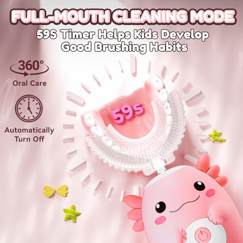 Kids Electric U Shaped Toothbrush - Axolotl Kids Cartoon Sonic Automatic Toothbrush with 6 Brush Heads Full Mouth 6 Cleaning Modes - Age2-15 Pink
