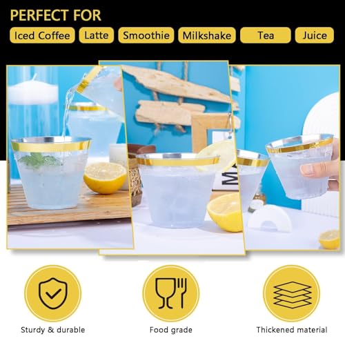 Hioasis 200Pcs 9OZ Clear Cups - Plastic Disposable Cups with Gold Trim, Heavy Duty & BPA-free for Party, Wedding, Reception