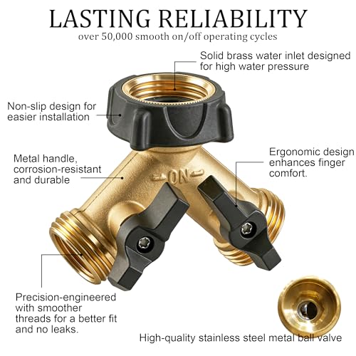 Hourleey Brass Garden Hose Splitter 2 Way, 3/4 Inch Hose Connector Tap Splitter, Hose Y Splitter, Hose Spigot Adapter 2 Valves with Extra Rubber Washers