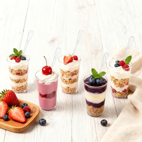 Peohud 100 Pack 3oz Plastic Dessert Cups with Spoons, Mini Dessert Shooter Cups, Disposable Parfait Appetizer Cups Shot Glasses for Desserts, Pudding, Event and Party