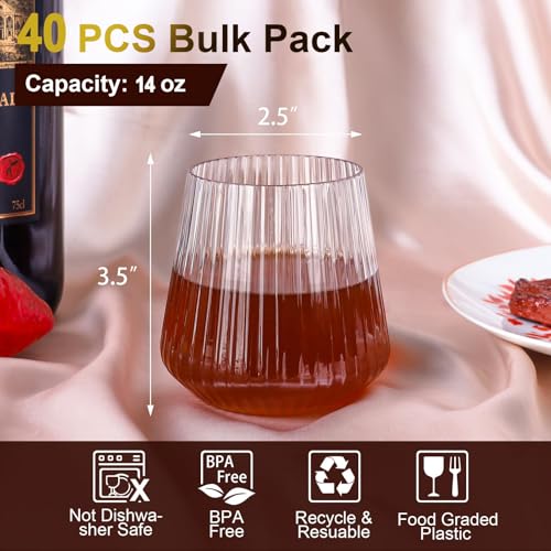 Lueumxc 40 Pack Plastic Ribbed Wine Glasses, 14Oz Origami Disposable Wine Glasses Unbreakable Clear Plastic Cocktail Glasses Recyclable Shatterproof Reusable Wine Cups (14oz 40pack)