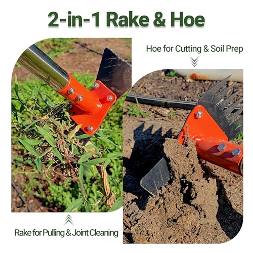 2-in-1 Garden Hoe and Weed Puller Rake, 60 Inch Adjustable Long Handle Weeding Tool Heavy Duty Spring Steel Head with Sand Texture Finish, Weed Remover for Garden, Yard, Lawn, Driveway