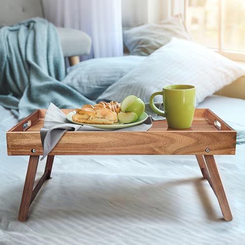 Extra Large Folding Bed Tray Table, 22’’ x 14’’ Acacia Wood Breakfast Tray, Food Serving Tray with Legs for Eating in Bed